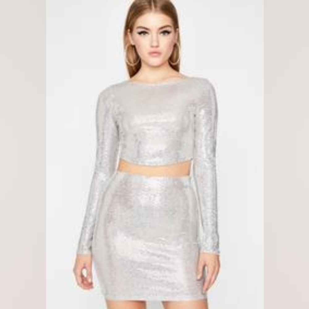 Silver Sequin Bodycon Mini Skirt And Long Sleeve Top 2 Piece Set